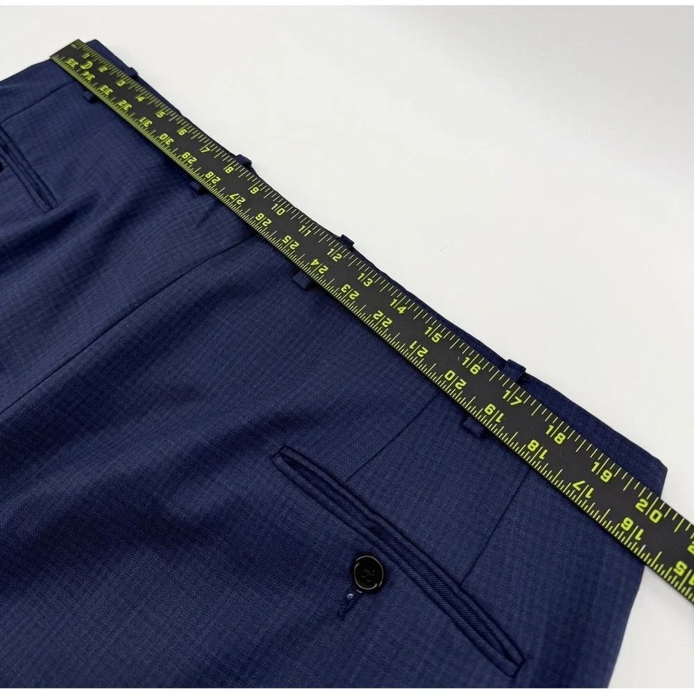 Hickey Freeman Men‎ 40x32 Navy Blue Gingham Check Wool Slacks Trousers